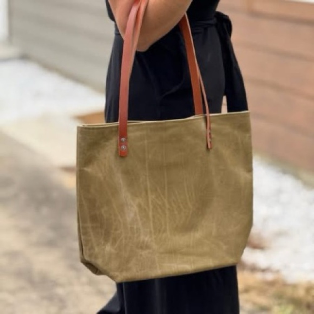 Olive Canvas Tote with Brown Leather Straps